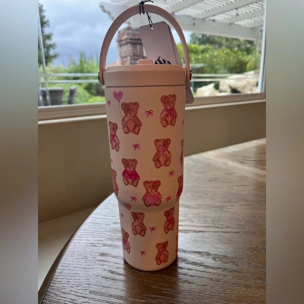 Hydrapeak Pink Teddy Bear Ribbons Valentines Tumbler Water Bottle